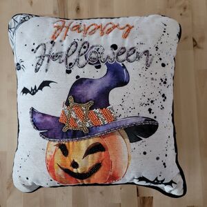 Halloween White Embellished Throw Pillow 14.5 x 14.5 Beaded Pumpkin Witch Hat